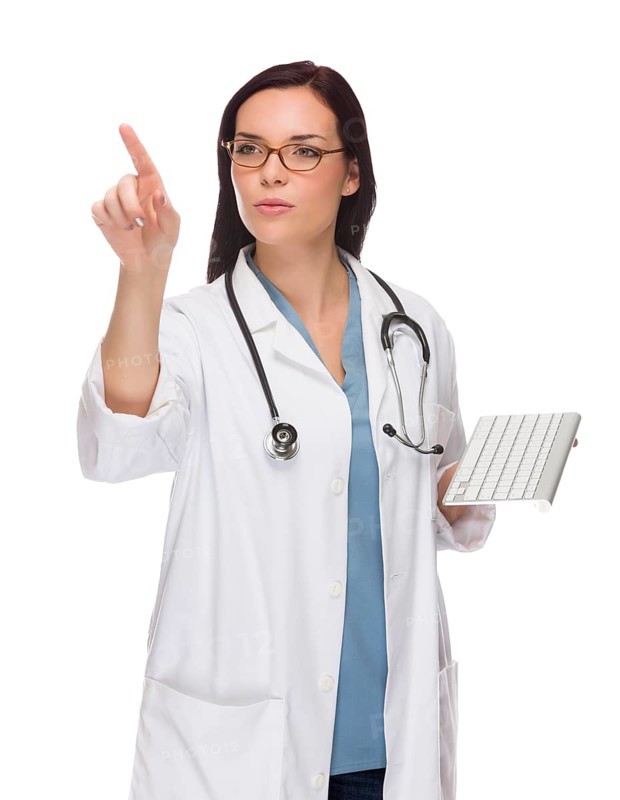 Female doctor or nurse with wireless keyboard pushing button or pointing