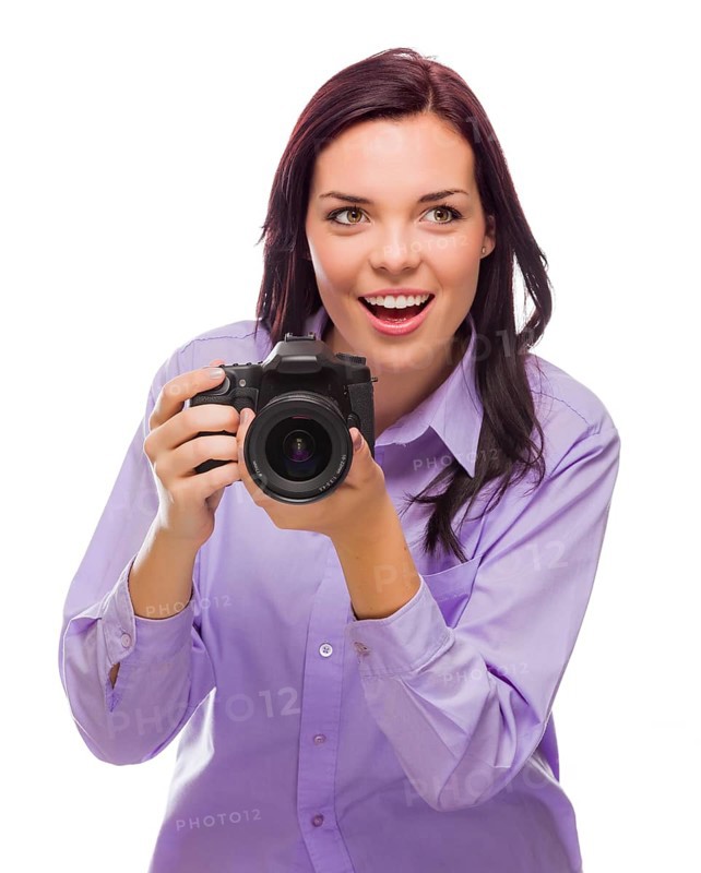 Attractive mixed-race young woman with DSLR camera isolated on a white background