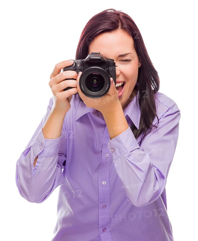 Attractive mixed-race young woman with DSLR camera isolated on a white background