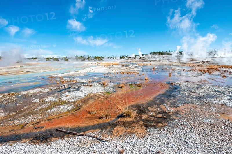 Red mineral deposits at a thermal spring