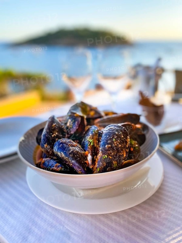 Mytilus (Mytilus) with tomato sauce and garlic in the evening sun by the sea