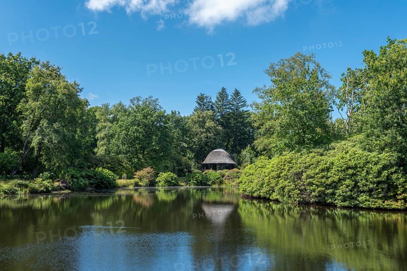 Lake with pavilion in landscape garden and castle park