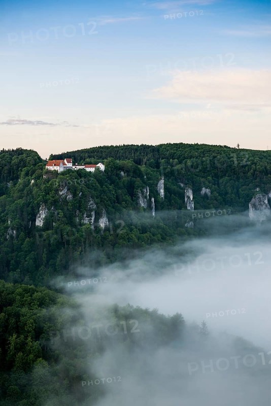 View from Eichfelsen to Wildenstein Castle with morning fog