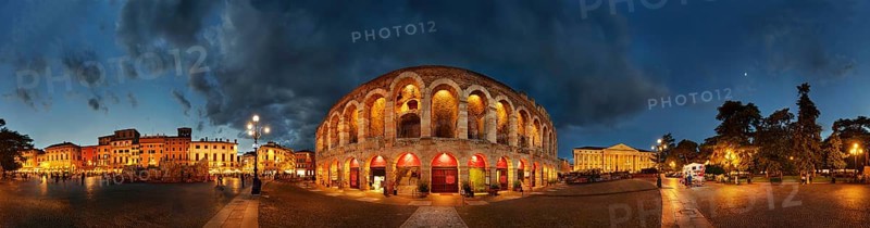 360 panorama of the Roman amphitheatre Arena di Verona in the evening