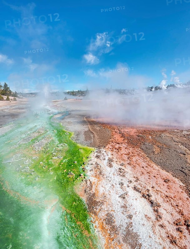 Red mineral deposits and green algae at a thermal spring