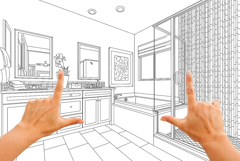 Hands framing custom master bathroom drawing