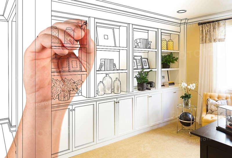 Hand drawing home built-in shelves and cabinets with photo cross section showing
