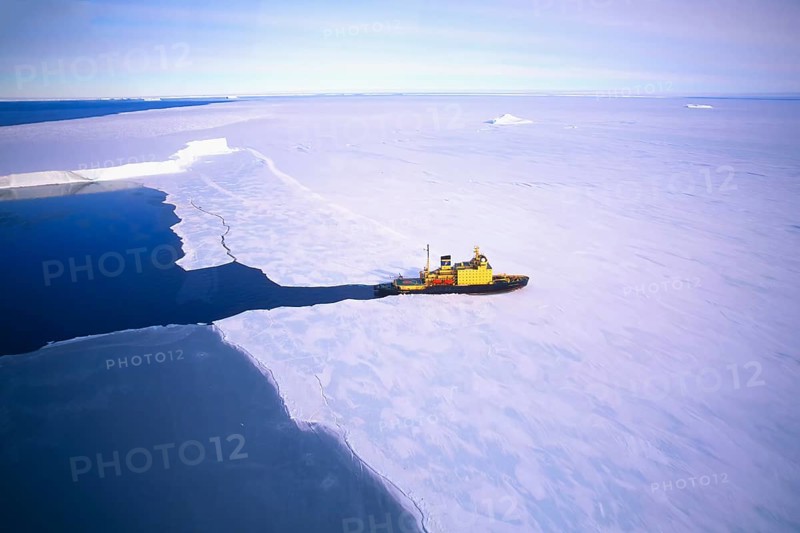Russian Icebreaker Kapitan Khlebnikov making its way in the frozen sea near Atka Iceport or Atka Bay