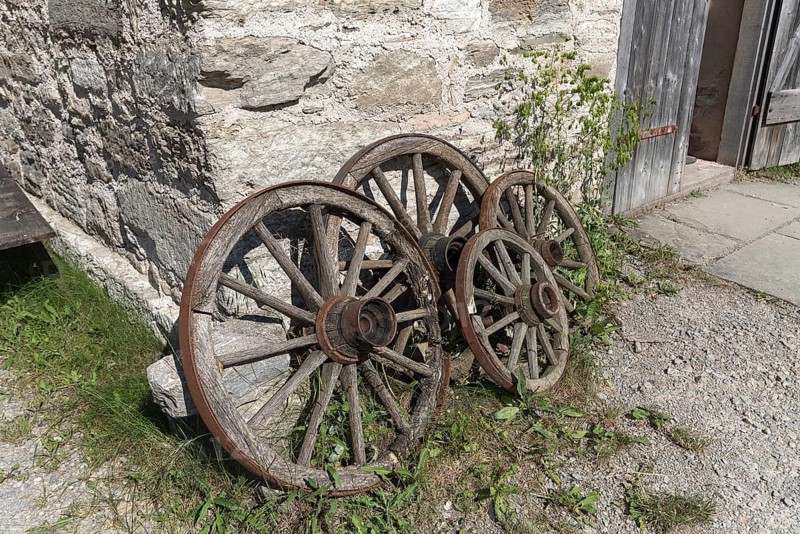 Old wooden wheels of carts