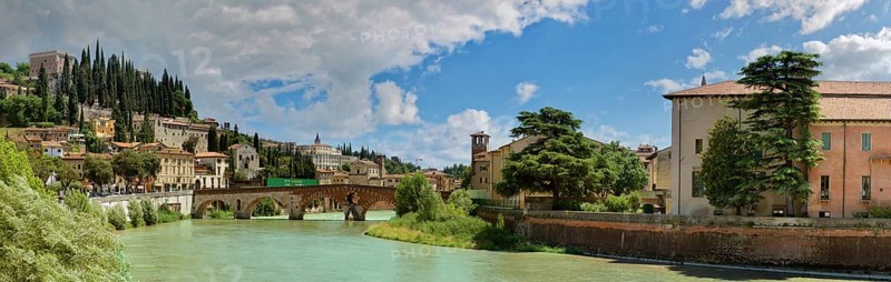 River Adige with Castel San Pietro and the stone bridge Ponte Pietra