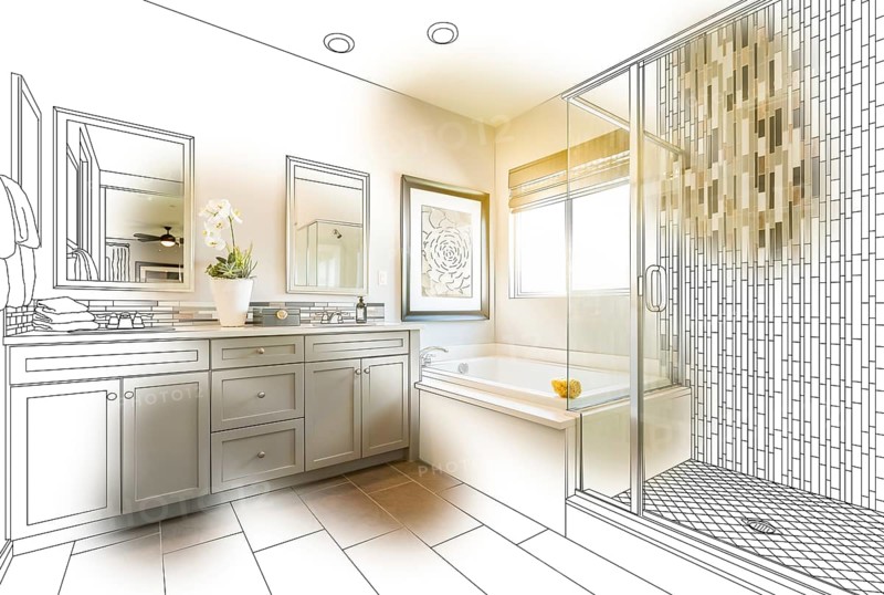 Custom master bathroom design drawing with brush stroke revealing finished photo