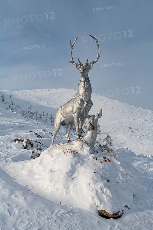 Deer monument on a snow covered mountain pass