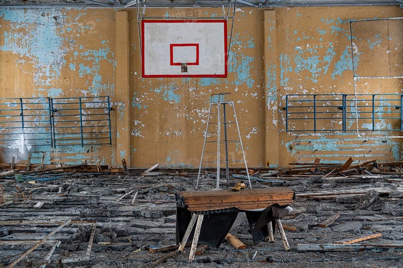 Former sports hall in the abandoned mining city Kadykchan