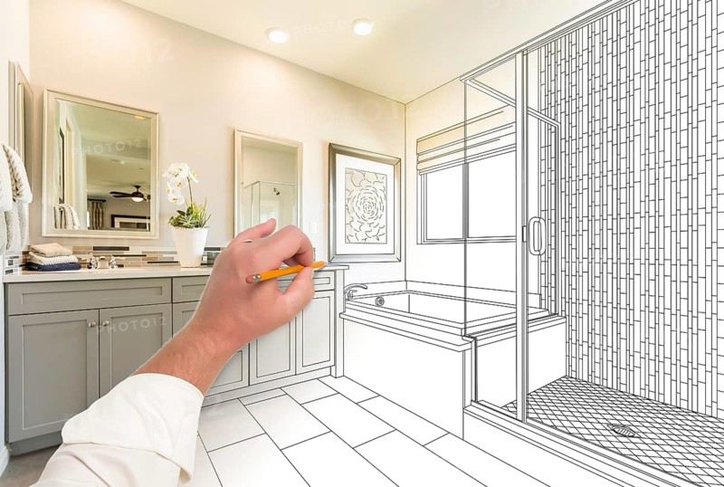 Hand drawing custom master bathroom with cross section of finished photograph
