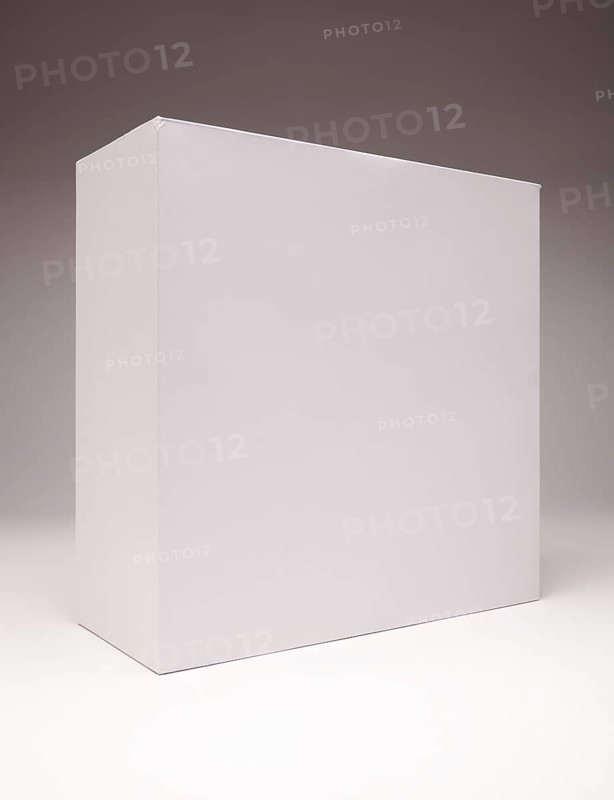 Blank white box isolated on a grey background ready for your own graphics