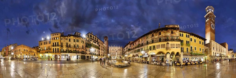 360 panorama of the city square Piazza delle Erbe and former Roman Forum with fountain Fontana Madonna Verona and the medieval tower Torre dei Lamberti in the evening