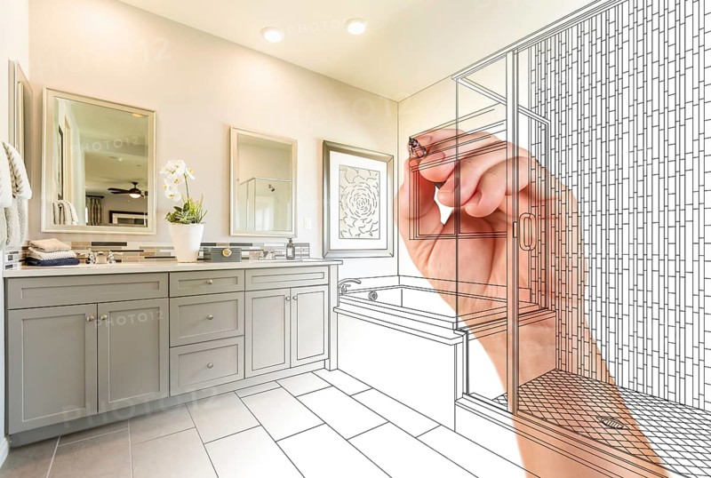 Hand drawing custom master bathroom with photo gradation