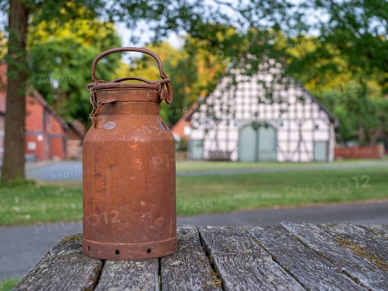 Old milk can in the village center of the Rundlingsdorf Luebeln