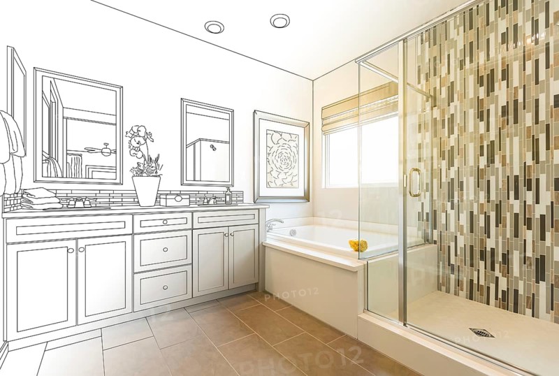 Custom master bathroom design drawing gradating to finished photo