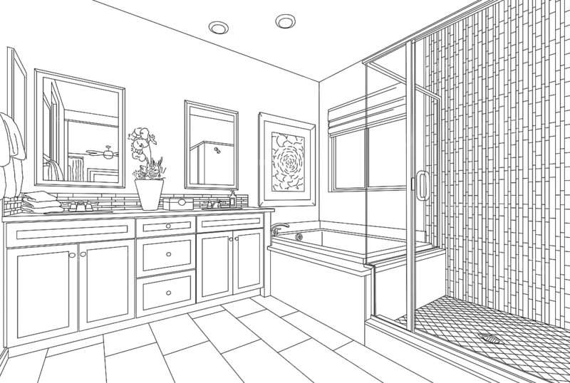 Detailed drawing of A custom master bathroom on white