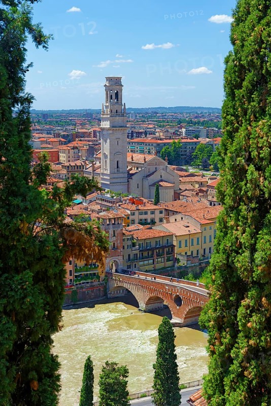 City view Verona with the stone bridge Ponte Pietra and the river Adige