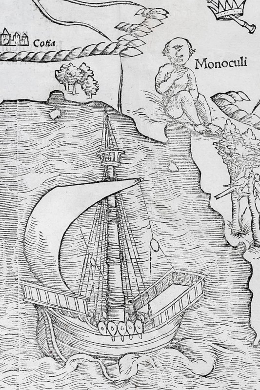 Sailing ship and one-eyed giant (Monoculi)