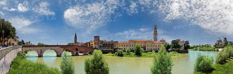 River Adige with city view and the stone bridge Ponte Pietra