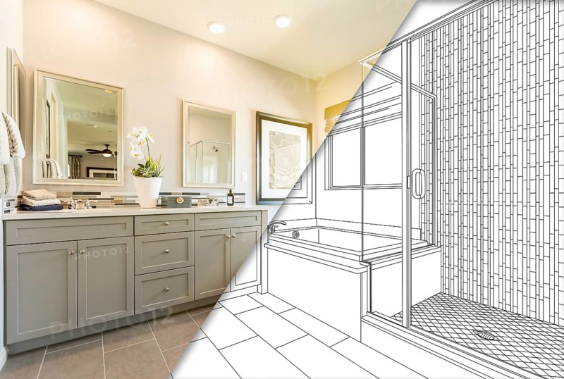 Custom master bathroom design drawing with cross section of finished photo