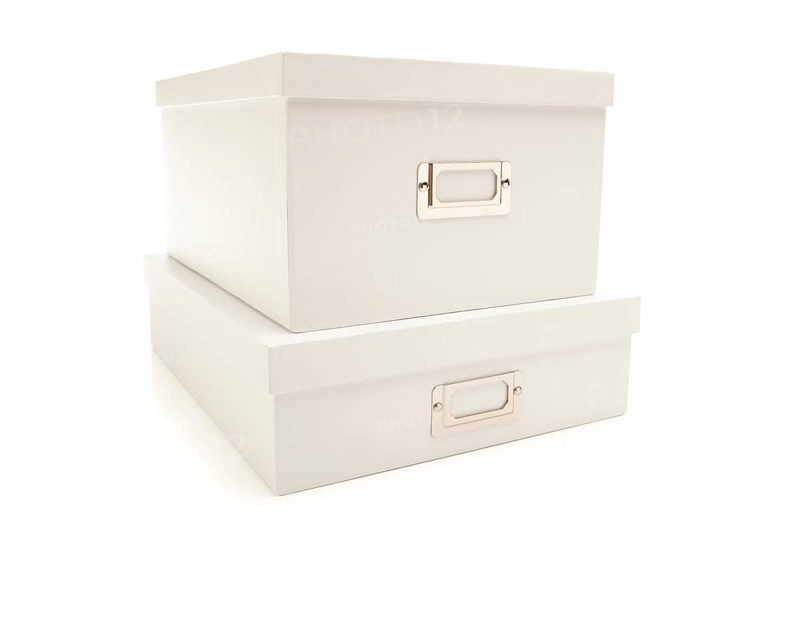 Two stacked white file boxes with lids isolated on a white background
