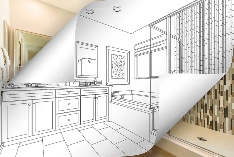 Master bathroom drawing page corners flipping with photo behind