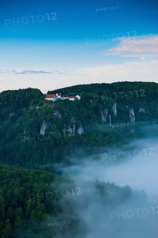 View from Eichfelsen to Wildenstein Castle with morning fog