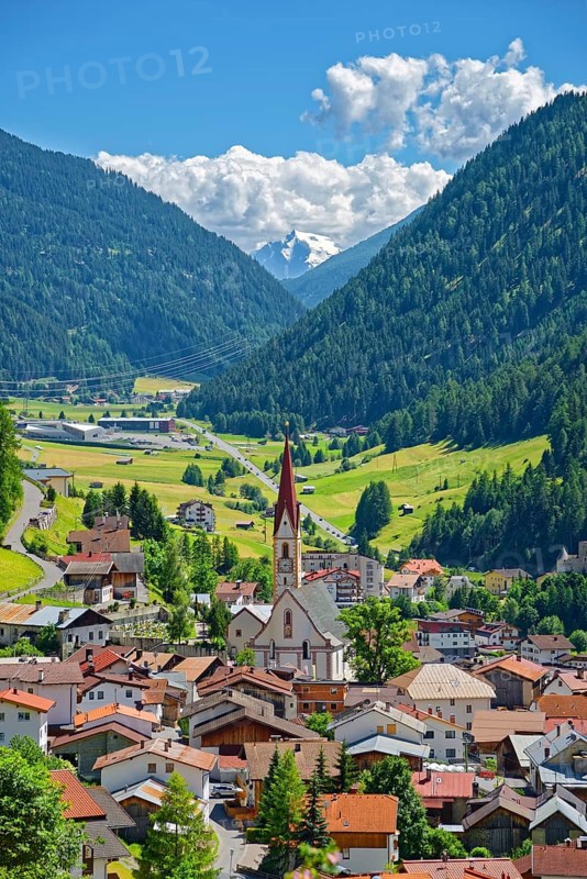 Mountain village Nauders with Ortler mountain range