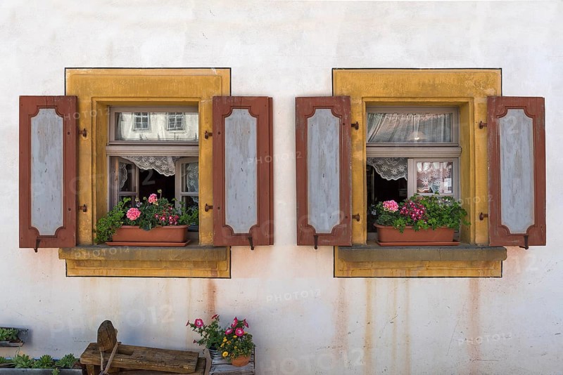 Window with flowers of a historical farmhouse