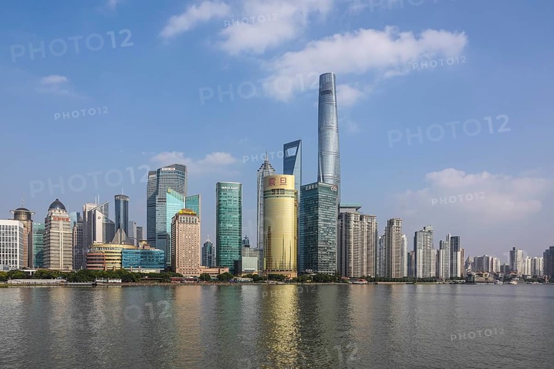 View over the Huangpu River to the skyline of the special economic zone Pudong with the skyscrapers Jin MaoTower