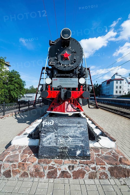 Historic steam train at the Railway station in Murmansk