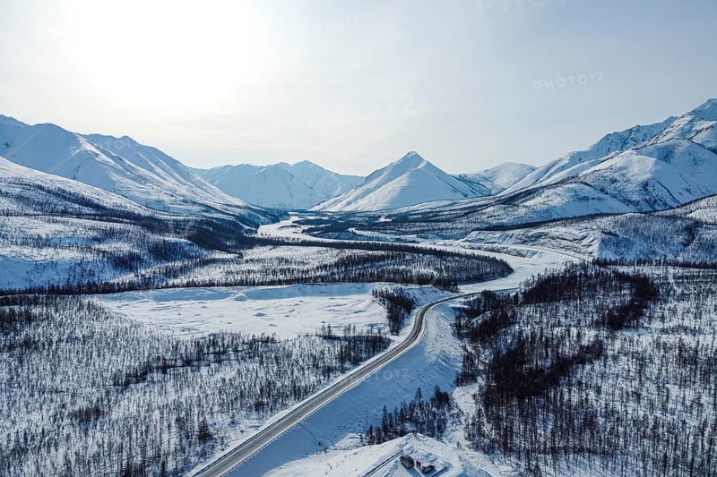 Aerial of the snow covered Suntar-Khayata mountain Range