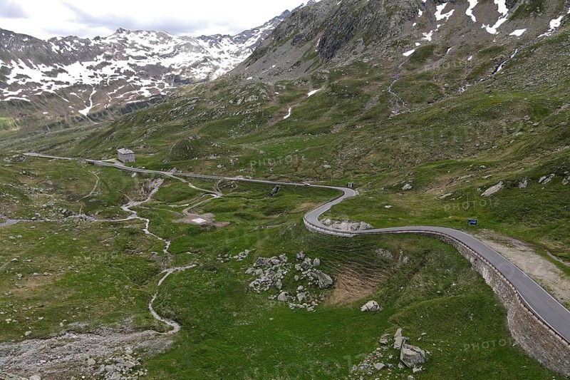 Aerial view of the south side of the Spluegen Pass in the direction of Montespluga