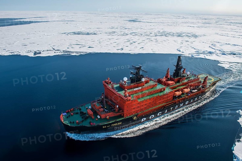 Aerial of the Icebreaker '50 years of victory' on its way to the North Pole