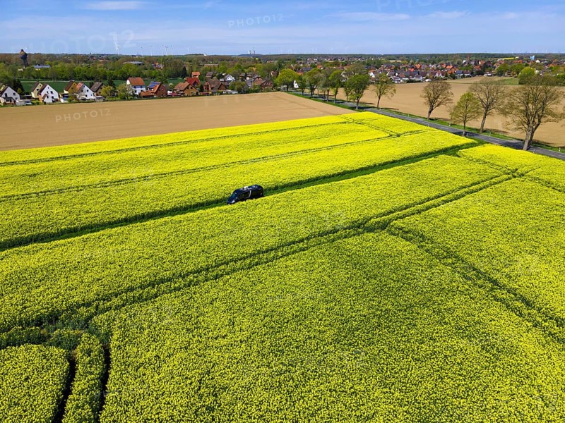Drone shot of a camper van in a rape field