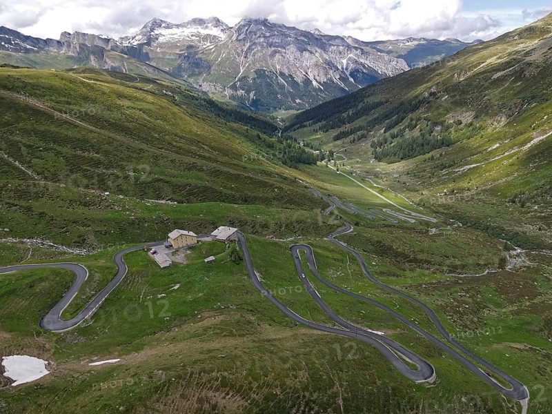 Aerial view of the serpentines on the north side of the Spluegen Pass