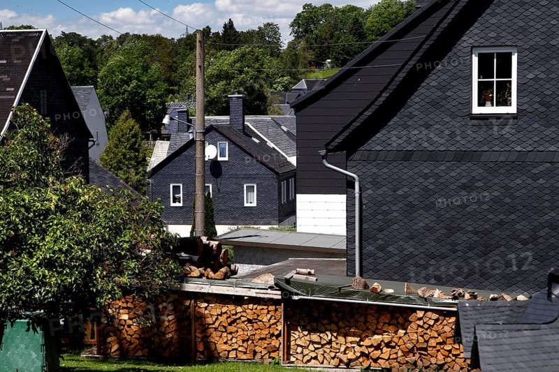 Town view with slate-roofed houses