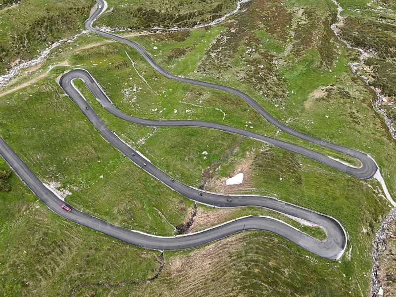 Aerial view of the serpentines on the north side of the Spluegen Pass