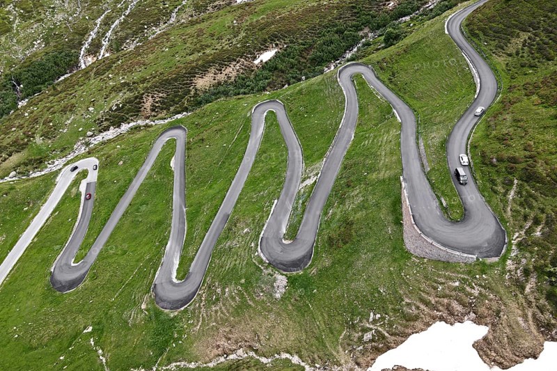 Aerial view of the serpentines on the north side of the Spluegen Pass