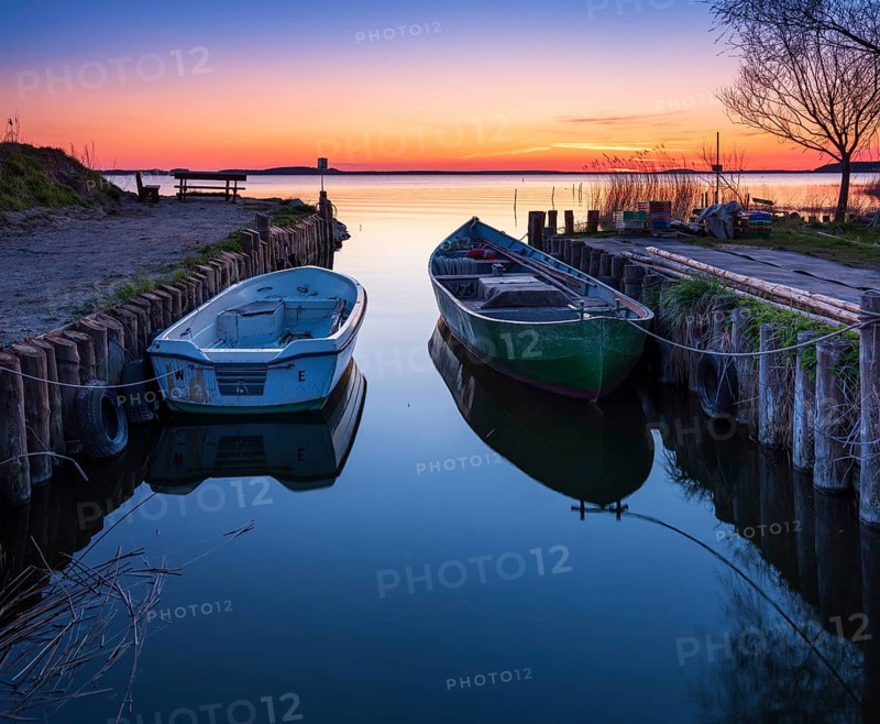 Small fishing harbour on the Peenestrom at sunset