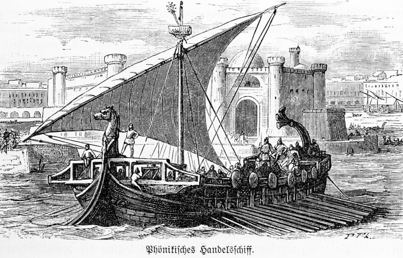 Phoenician merchant ship leaving port with full crew