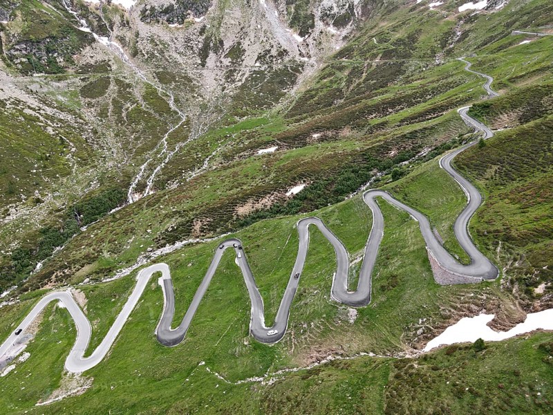 Aerial view of the serpentines on the north side of the Spluegen Pass