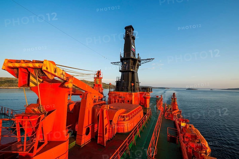 Sunset light on the nuclear icebreaker 50 years of victory