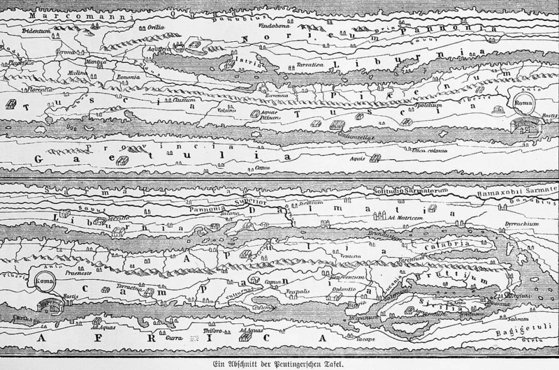 A section from the cartographic representation of the Peutinger's Table (Tabula Peutingeriana)