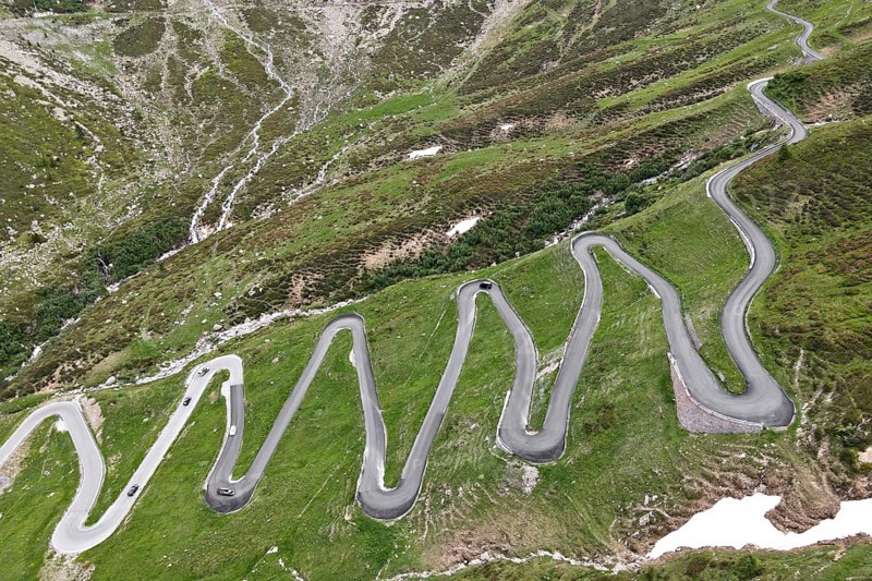 Aerial view of the serpentines on the north side of the Spluegen Pass