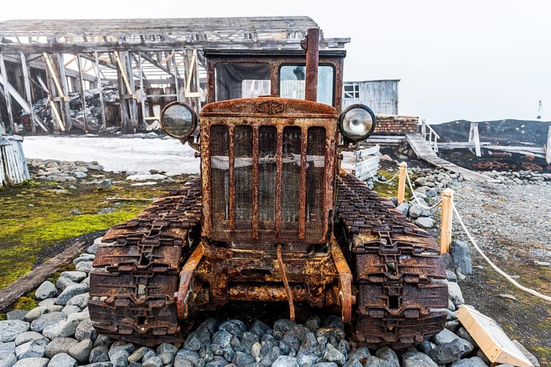 Historical caterpillar in the meteorological station Sedov in Tikhaya bay on Hooker island